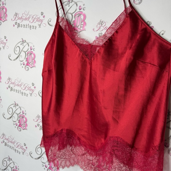 Victoria secret tank top lacie shimmer shiny silky Red Satin Lace Trim Cami Top - Picture 10 of 10